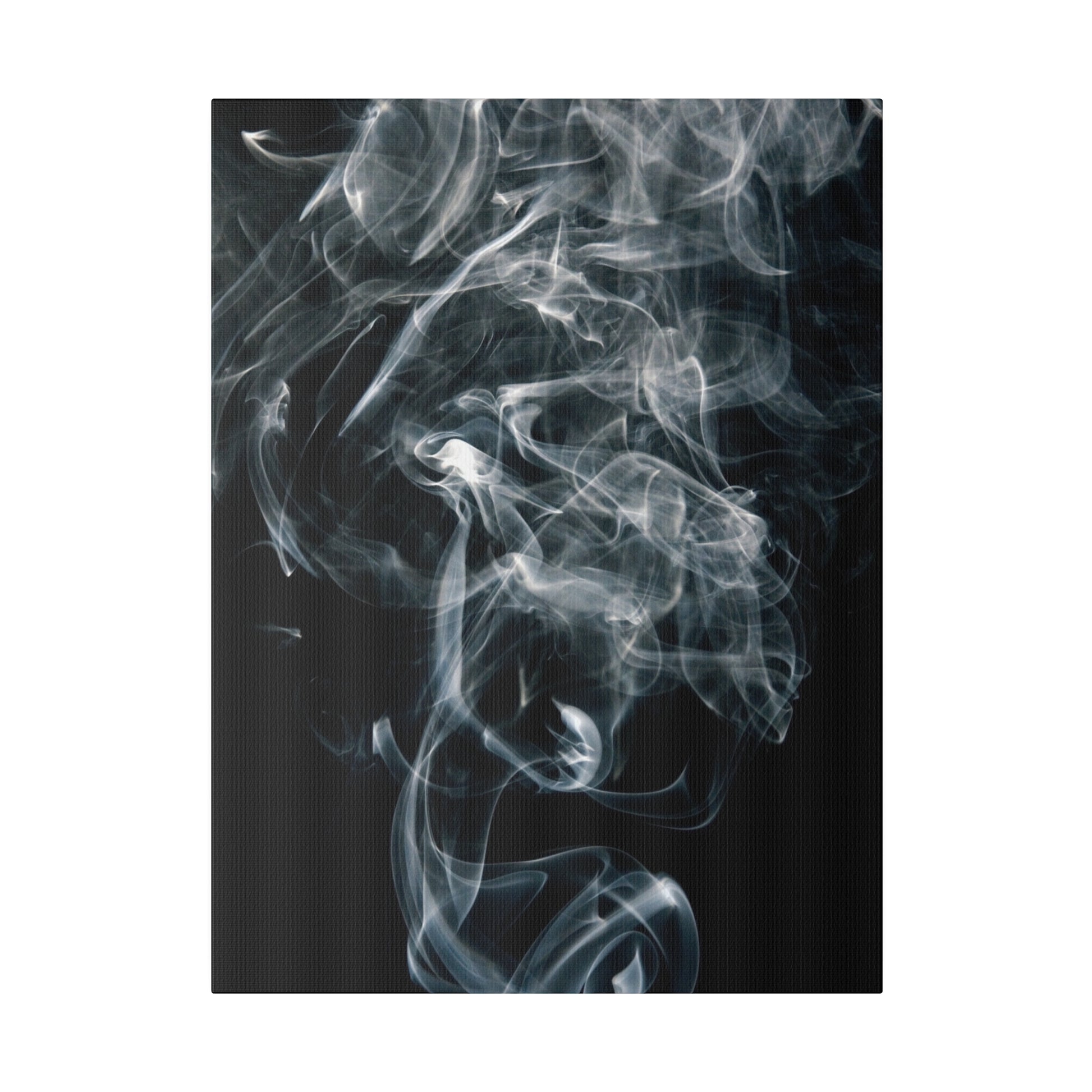 Vertical close-up of white smoke wisps curling on a black background, abstract patterns.