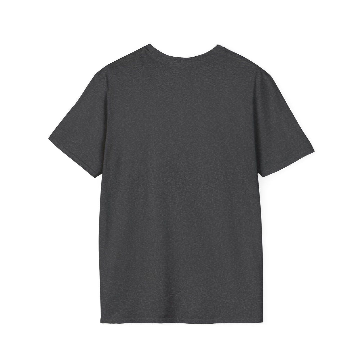 Back view of a charcoal gray short-sleeve T-shirt with a heathered texture.