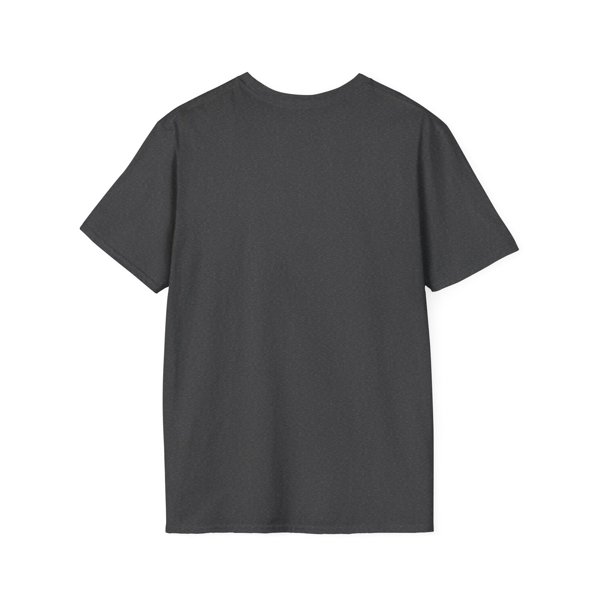 Back view of a charcoal gray short-sleeve T-shirt with a heathered texture.