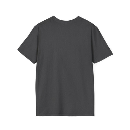 Back view of a charcoal gray short-sleeve T-shirt with a heathered texture.