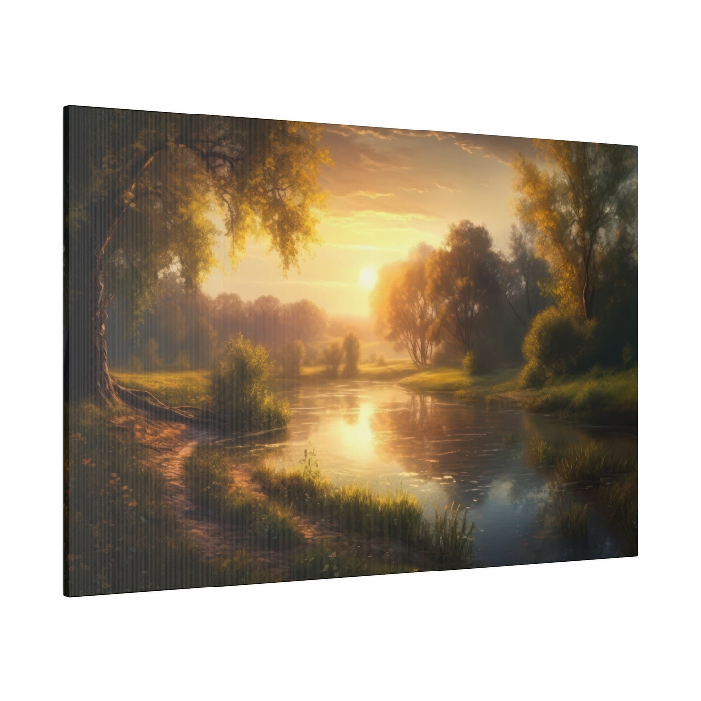 An evening scene of a river with golden sunset reflections, surrounded by lush greenery. The warm light creates a peaceful and serene ambiance.