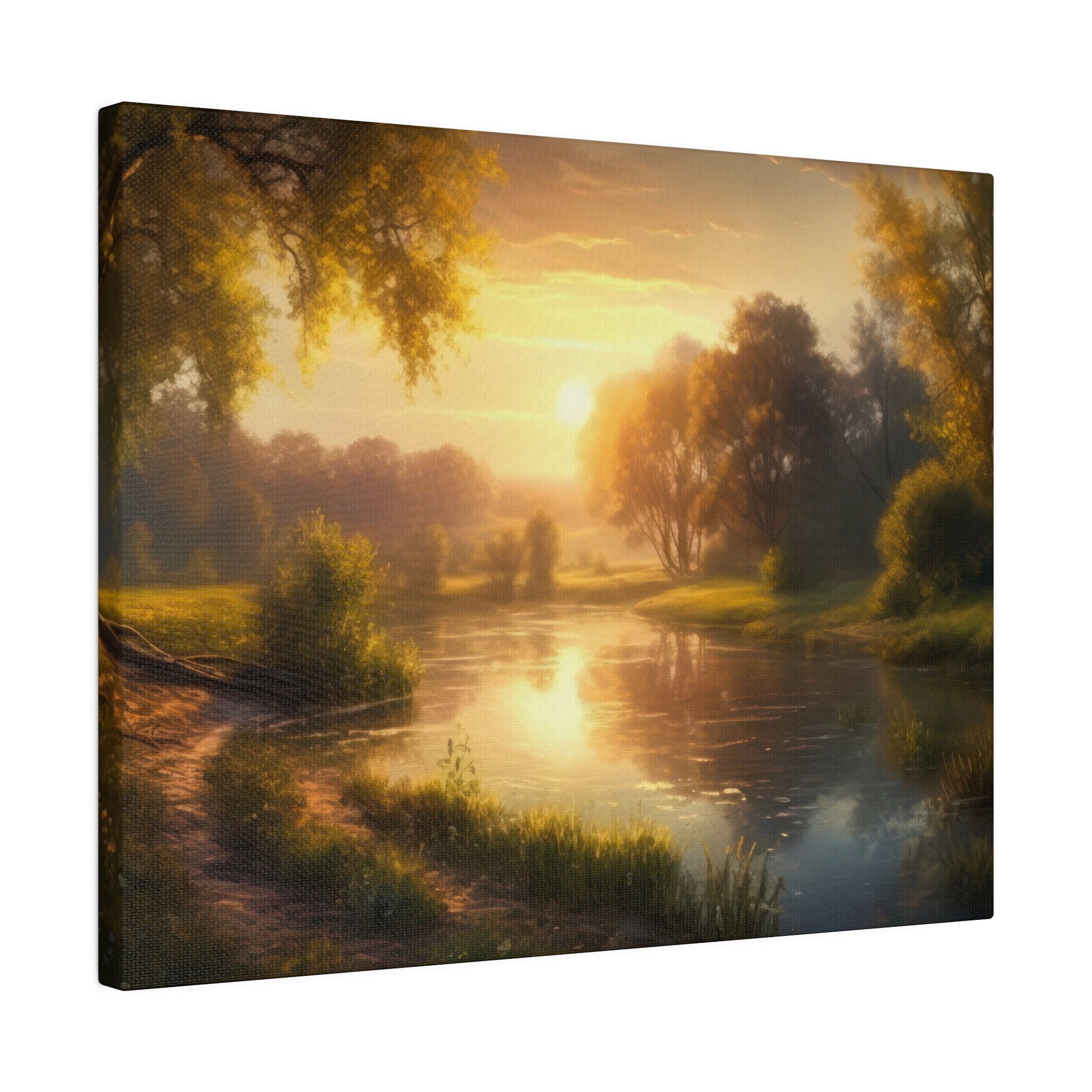 An evening scene where the river reflects the golden light of the sunset, surrounded by lush trees. The tranquil landscape is calm and peaceful.