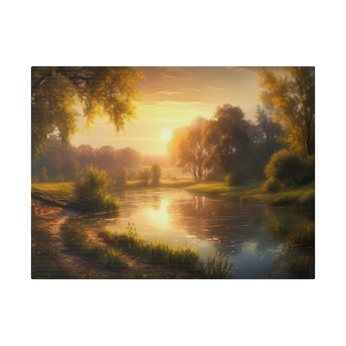 An evening river reflection landscape with golden sunset hues on the water, surrounded by lush trees. The serene environment offers a tranquil and peaceful setting perfect for unwinding and appreciating nature's beauty.