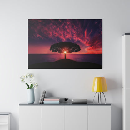 Print of a lone tree on a hill at sunset, with a pink-purple sky over the ocean.
