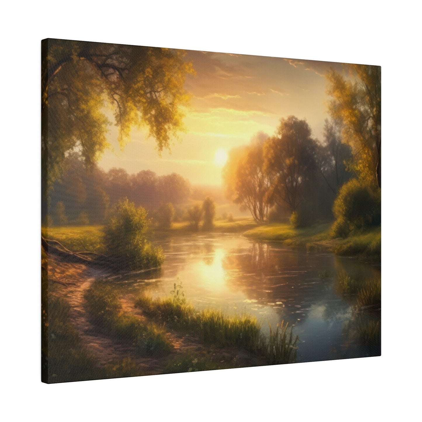 A calming river scene at dusk, where the golden sunset casts a gentle glow on the water. Lush trees frame the tranquil setting, creating a peaceful atmosphere.