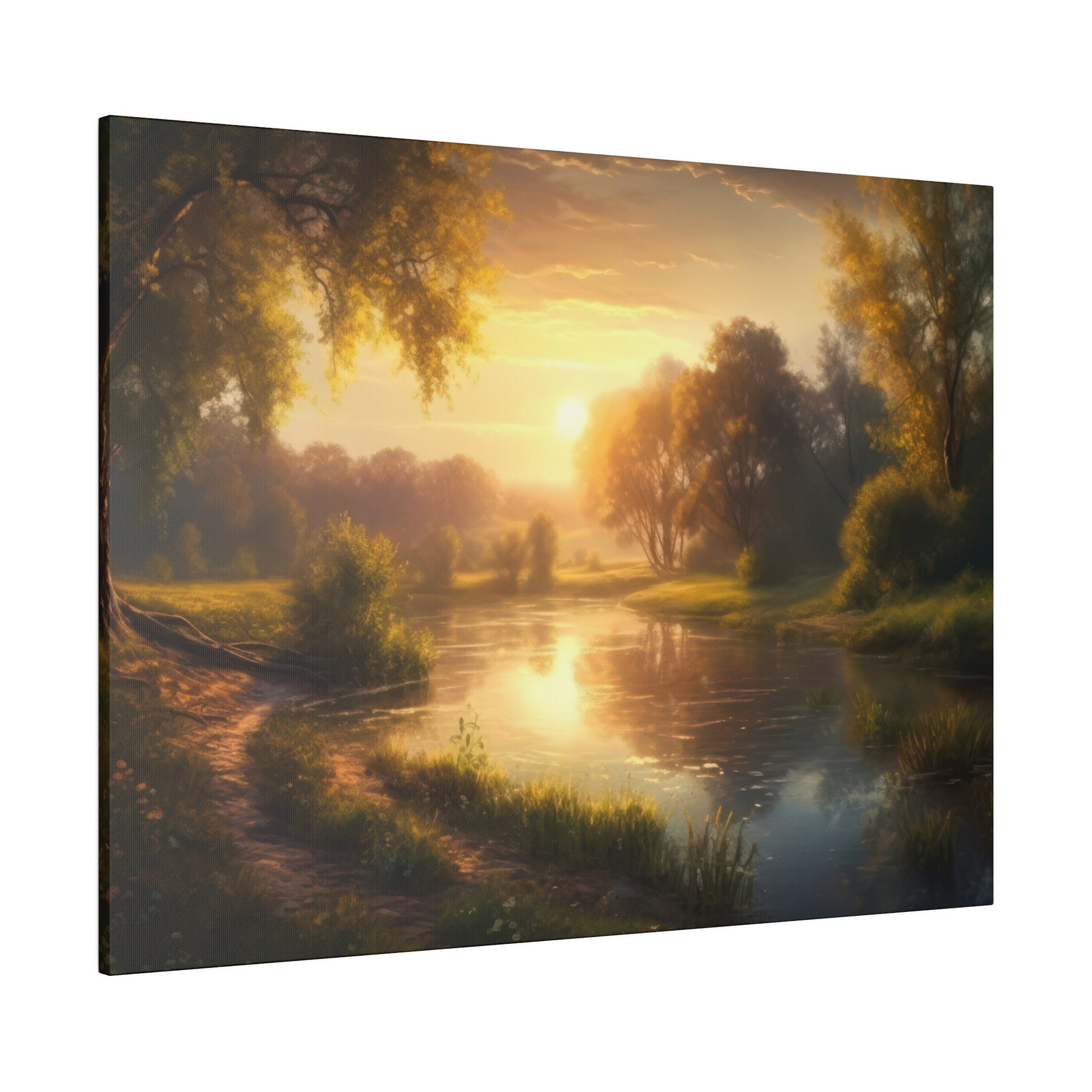 A river glowing under a golden sunset, surrounded by lush trees and a tranquil landscape. The reflection of the sunset on the water creates a peaceful atmosphere.