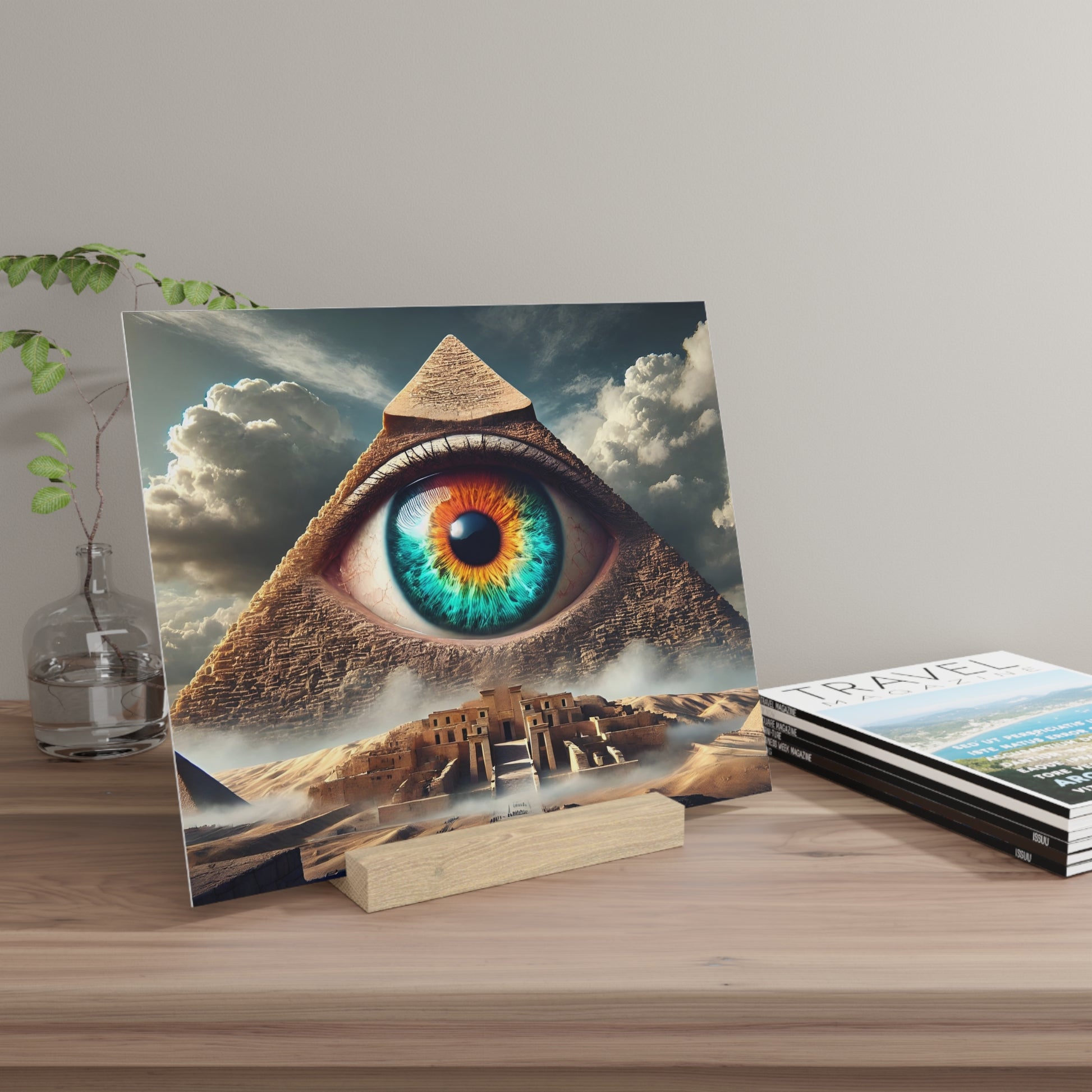 Canvas print featuring a gigantic blue-green eye inside a pyramid, with desert ruins at the base, mounted on a wooden stand.