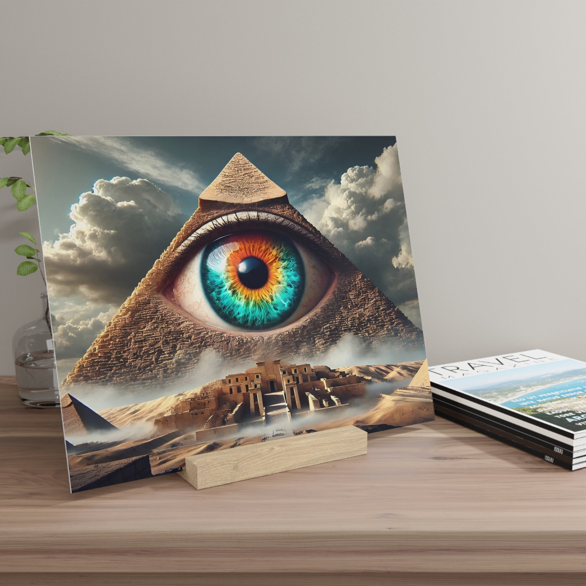 Poster displaying a pyramid with a large, colorful eye at its center, surrounded by desert ruins and a cloudy sky.