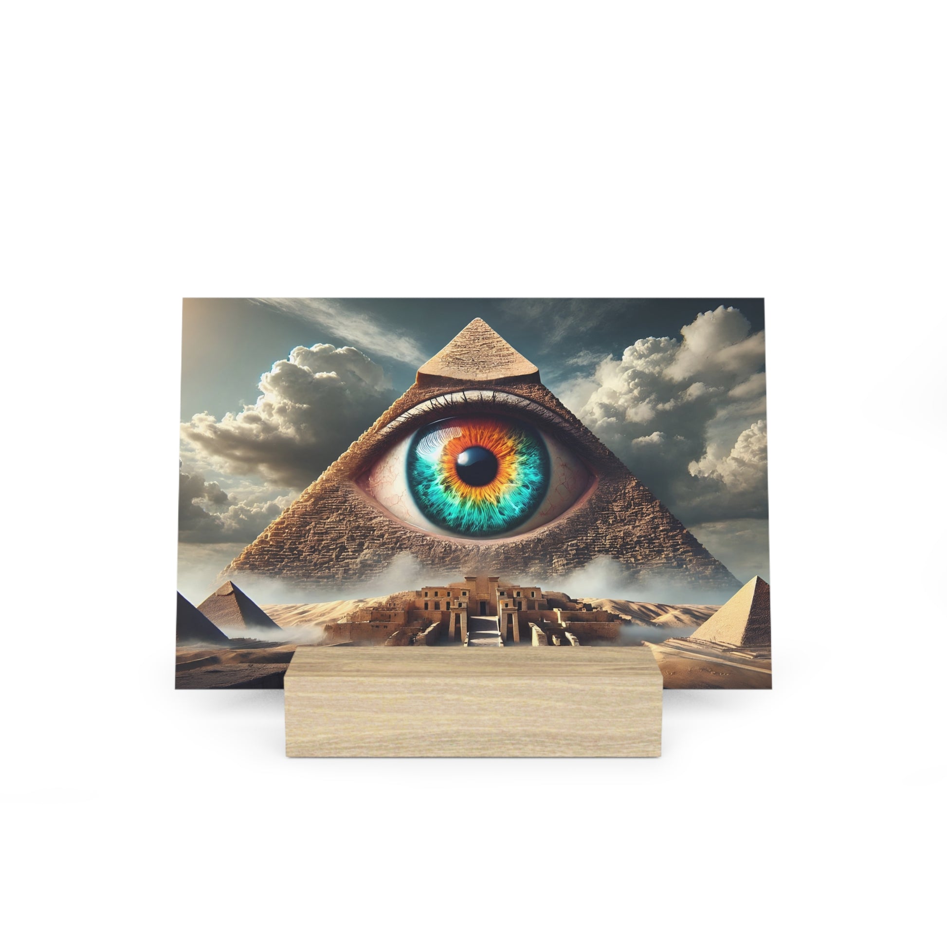 Surreal poster showing a large, colorful eye within a pyramid, set against desert pyramids and a cloudy sky.