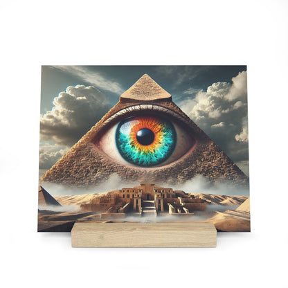 Surreal artwork of a pyramid with a large blue-green eye in the center, hovering over desert ruins and a cloudy sky.