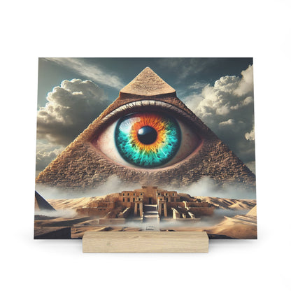 Surreal art print showing a large pyramid with a vibrant blue-green eye in its center, set against a cloudy sky.