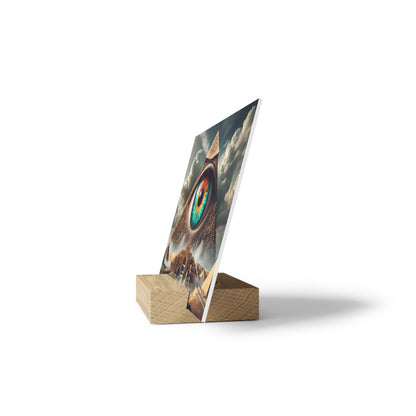 Vertical poster featuring a surreal eye-like design with a desert landscape, propped on a two-block wooden stand.