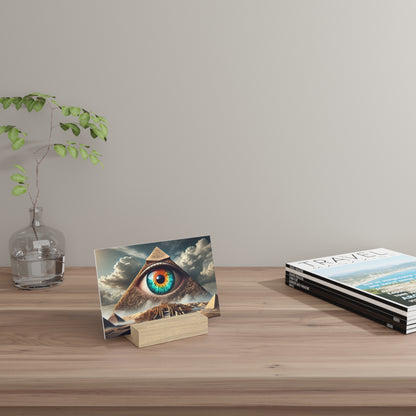 Photo postcard of a pyramid with a blue eye on a small wooden stand, placed on a light wood desk with a glass vase of green leaves on the