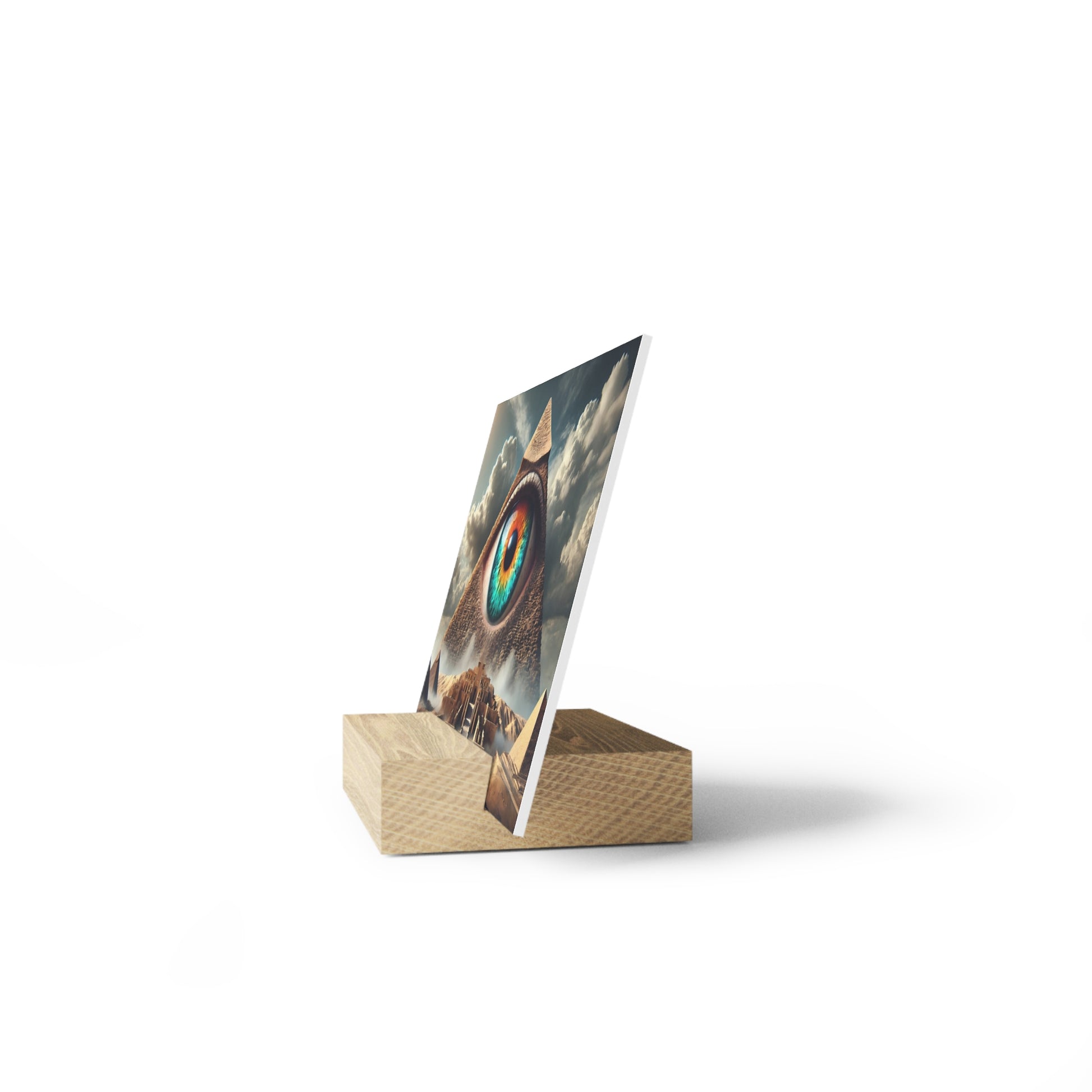 Wooden rectangular block stand holding a vertical poster featuring a surreal eye design.