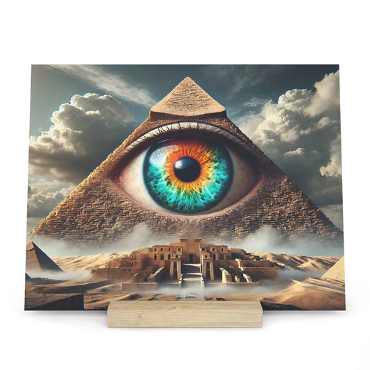 Surreal art print of a pyramidal shape with a large, colorful eye in its center above a desert ruin.