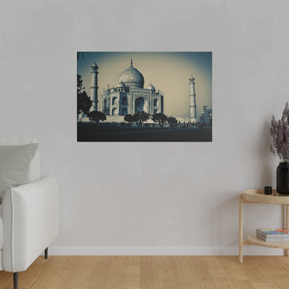 Colorized photo of the Taj Mahal showcasing its white marble dome and four minarets, with trees in the foreground.