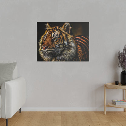 Close-up photo of a tiger with orange fur and black stripes, gazing to the left, mounted as wall art.