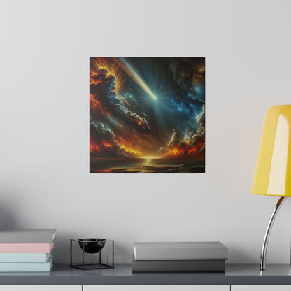 Square canvas depicting a dramatic space scene with fiery orange clouds and a bright blue beam radiating over a dark horizon.