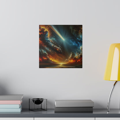 Square canvas on a wall depicting a fiery, stormy sky with a bright meteor streaking across toward a glowing horizon.