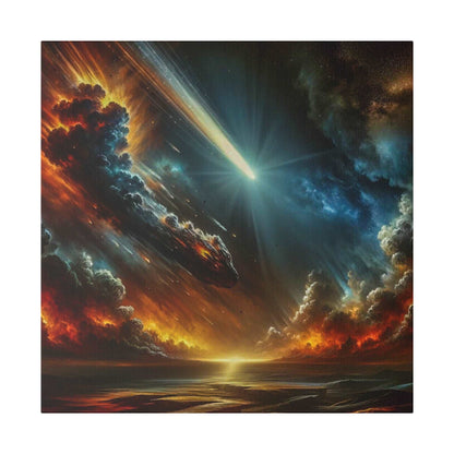 Canvas art showing a bright meteor streaking through a multicolored, fiery sky with dark clouds and a glowing horizon.