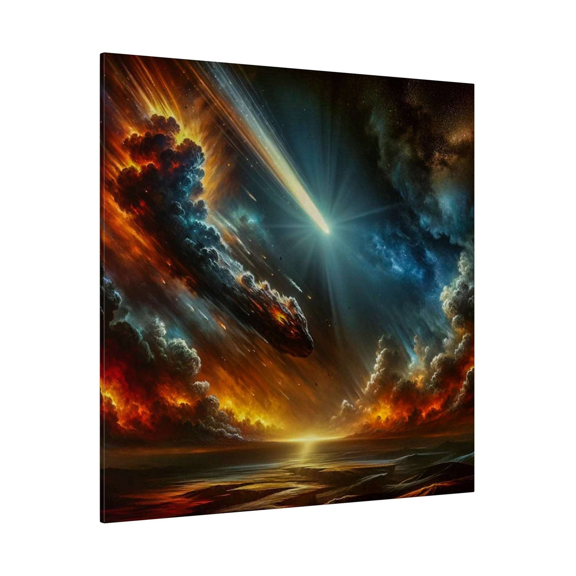 Canvas art of a glowing blue comet streaking through fiery orange and blue storm clouds above a dark, reflective landscape.