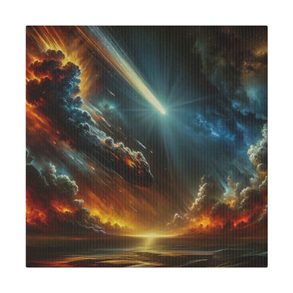 Canvas art depicting a bright meteor streaking through a fiery, stormy sky above an ocean horizon.