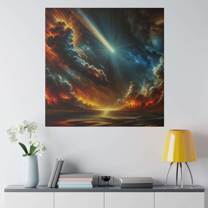 Square canvas art showing a bright meteor streaking through fiery, colorful clouds over a glowing horizon at sunset.