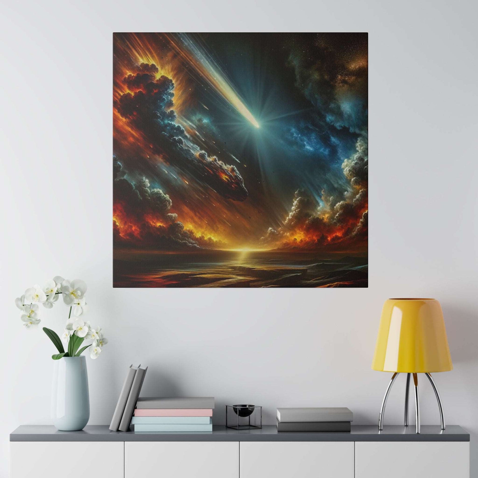 Large square canvas shows a fiery storm over a dark ocean with a bright meteor-like light streak.