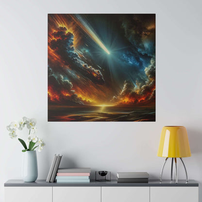 Large square canvas shows a fiery storm over a dark ocean with a bright meteor-like light streak.