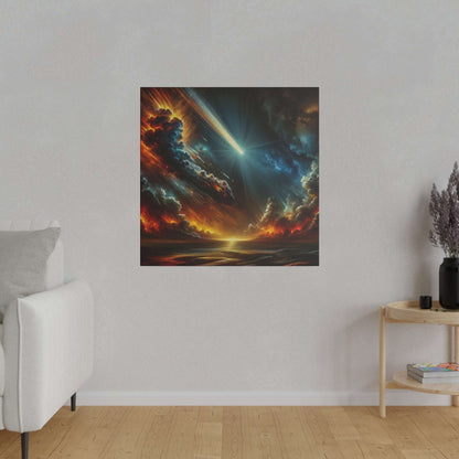 Square canvas art on a light gray wall showing a fiery meteor streaking through red and blue storm clouds over a dark sea.