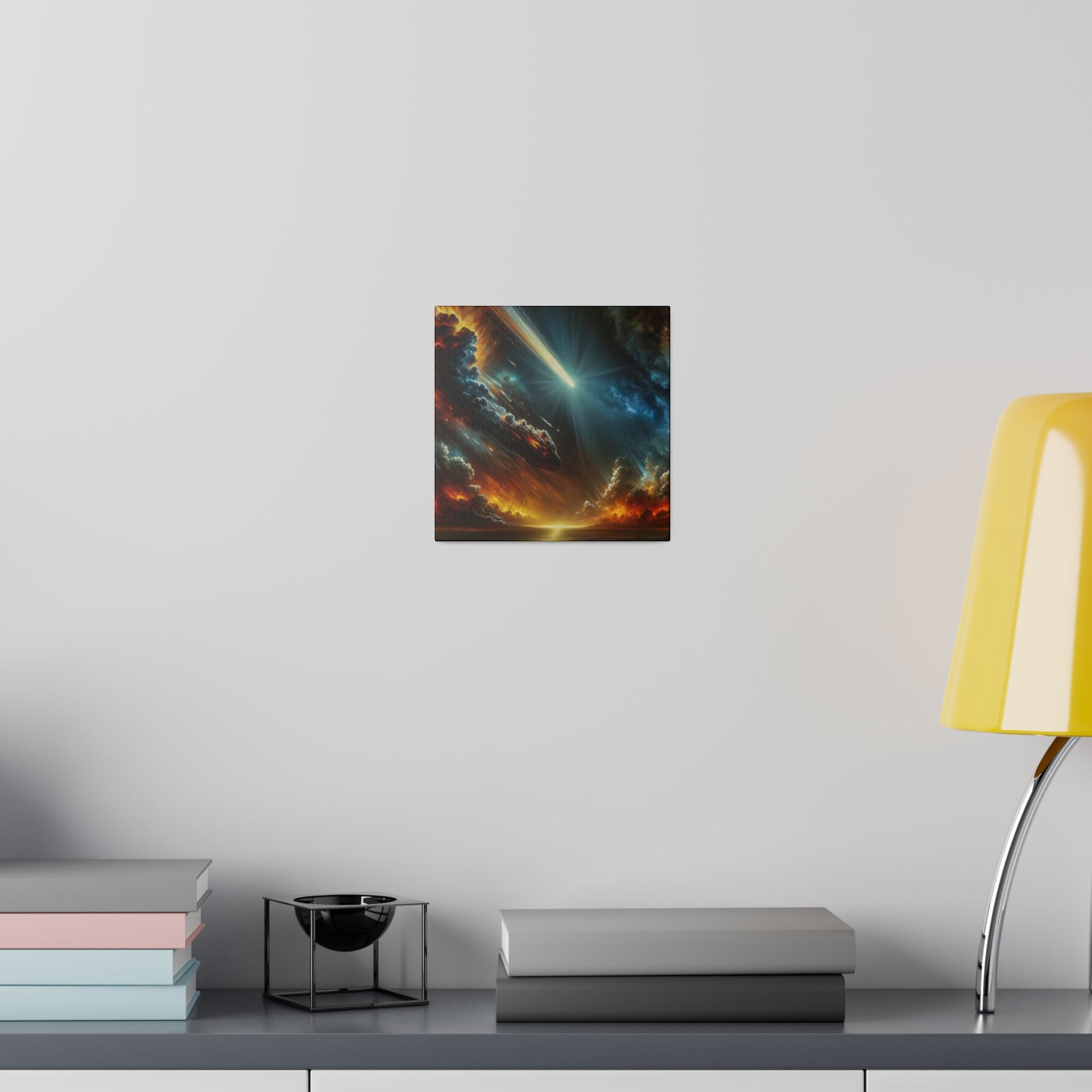 Small square canvas on a light gray wall showing a vivid space scene with orange clouds and blue light streaks.