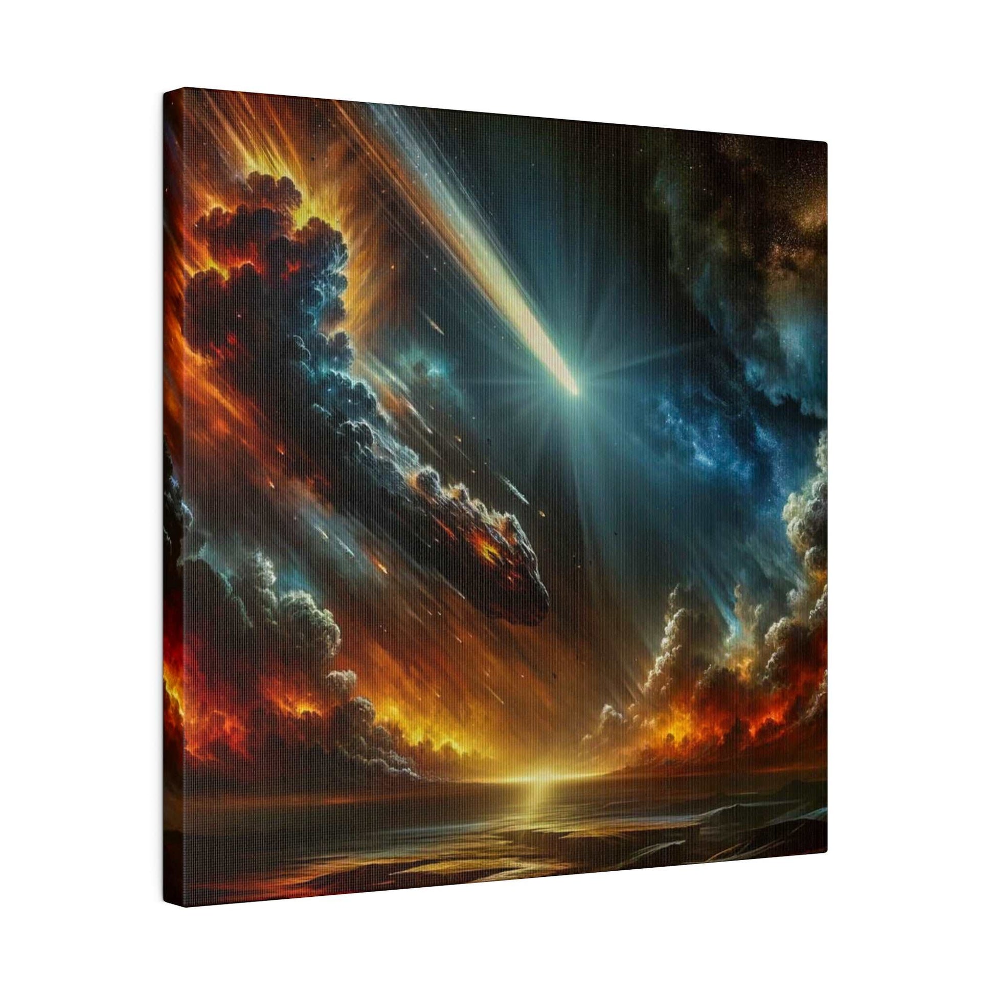 Digital art canvas showing a fiery meteor streaking through stormy, colorful clouds toward a glowing horizon over a dark sea.
