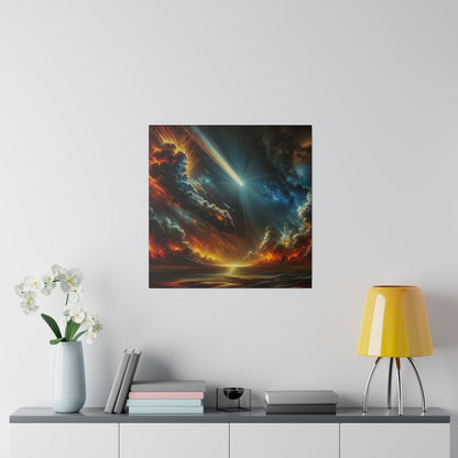 Square wall art depicting a fiery blue cosmic scene with a bright comet-like beam across dark clouds and a glowing horizon.