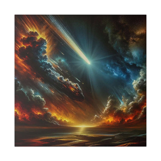 Canvas art showing a blazing meteor streaking through a fiery, stormy sky over a reflective ocean.