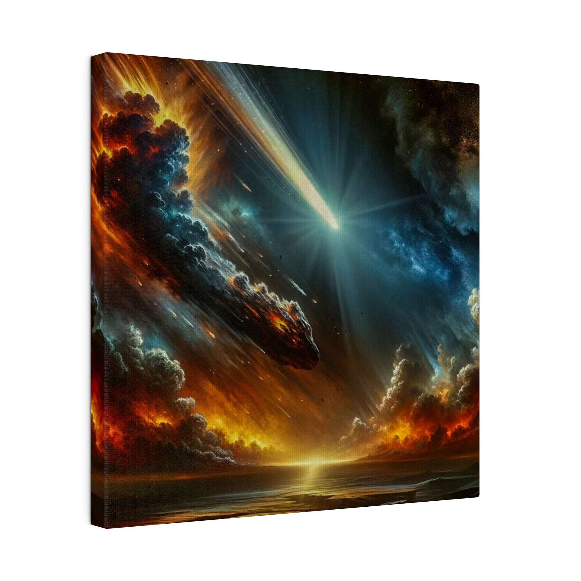 Canvas art depicting a bright meteor streaking through fiery orange clouds toward a blue-green sky over a reflective ocean.