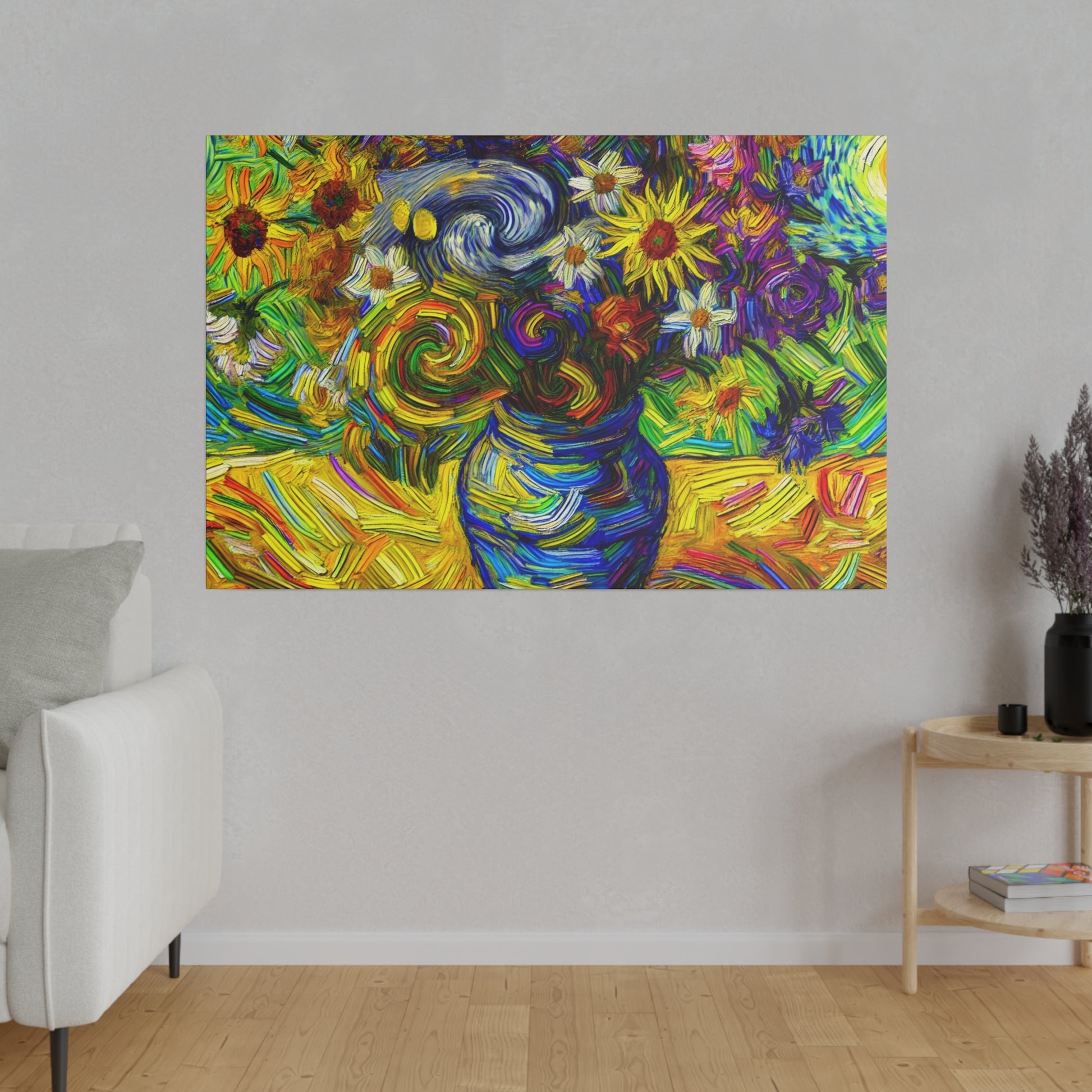 Colorful abstract painting of a blue vase with swirling patterns and bright flowers on a yellow and green background.