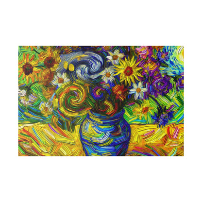 Oil painting of a blue vase filled with bright swirling flowers in yellow, purple, and white against a vibrant multicolored background.