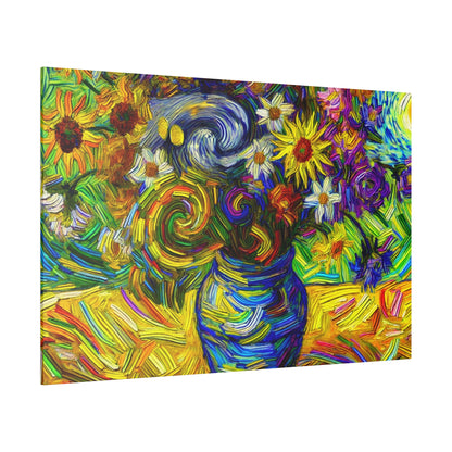 Colorful abstract painting of a blue vase with swirling flower stems and bright yellow, white, purple, and orange blooms on a sunlit table.
