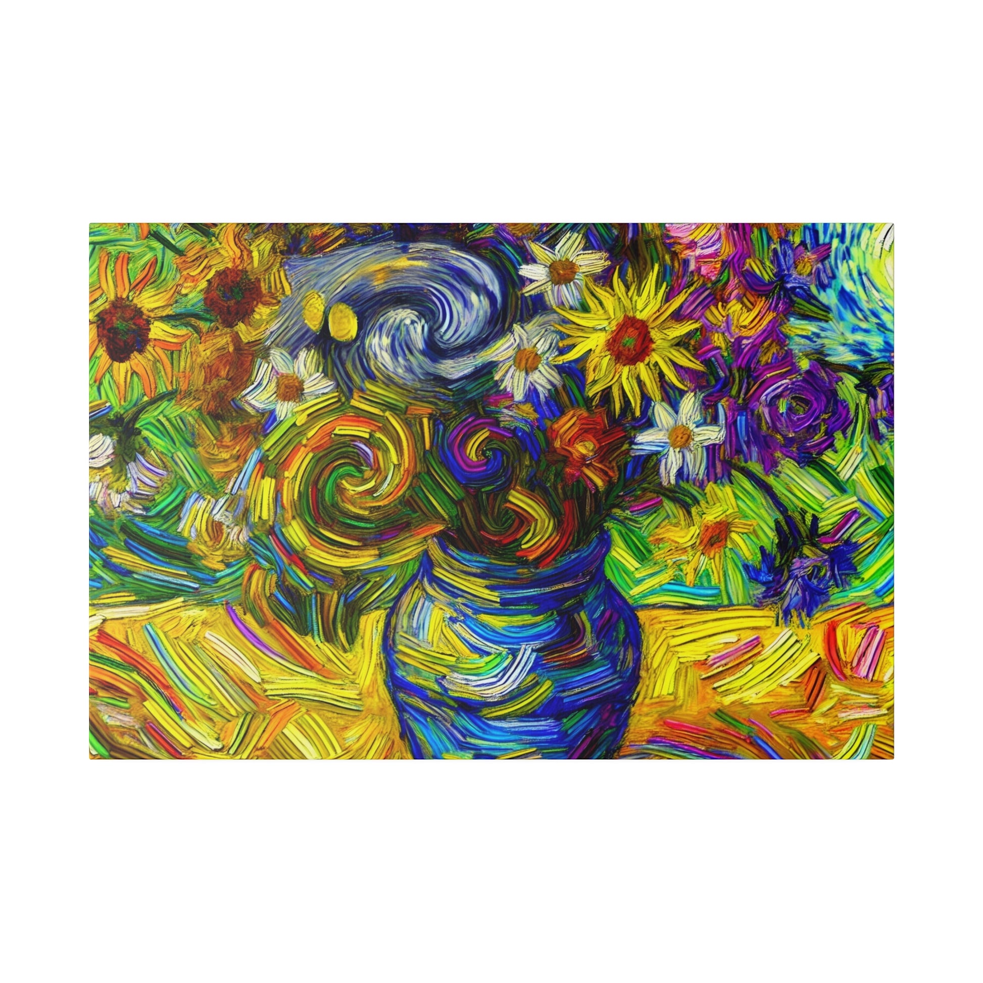 Bright, textured painting of a blue vase with swirling yellow and multicolored flowers on a yellow table.