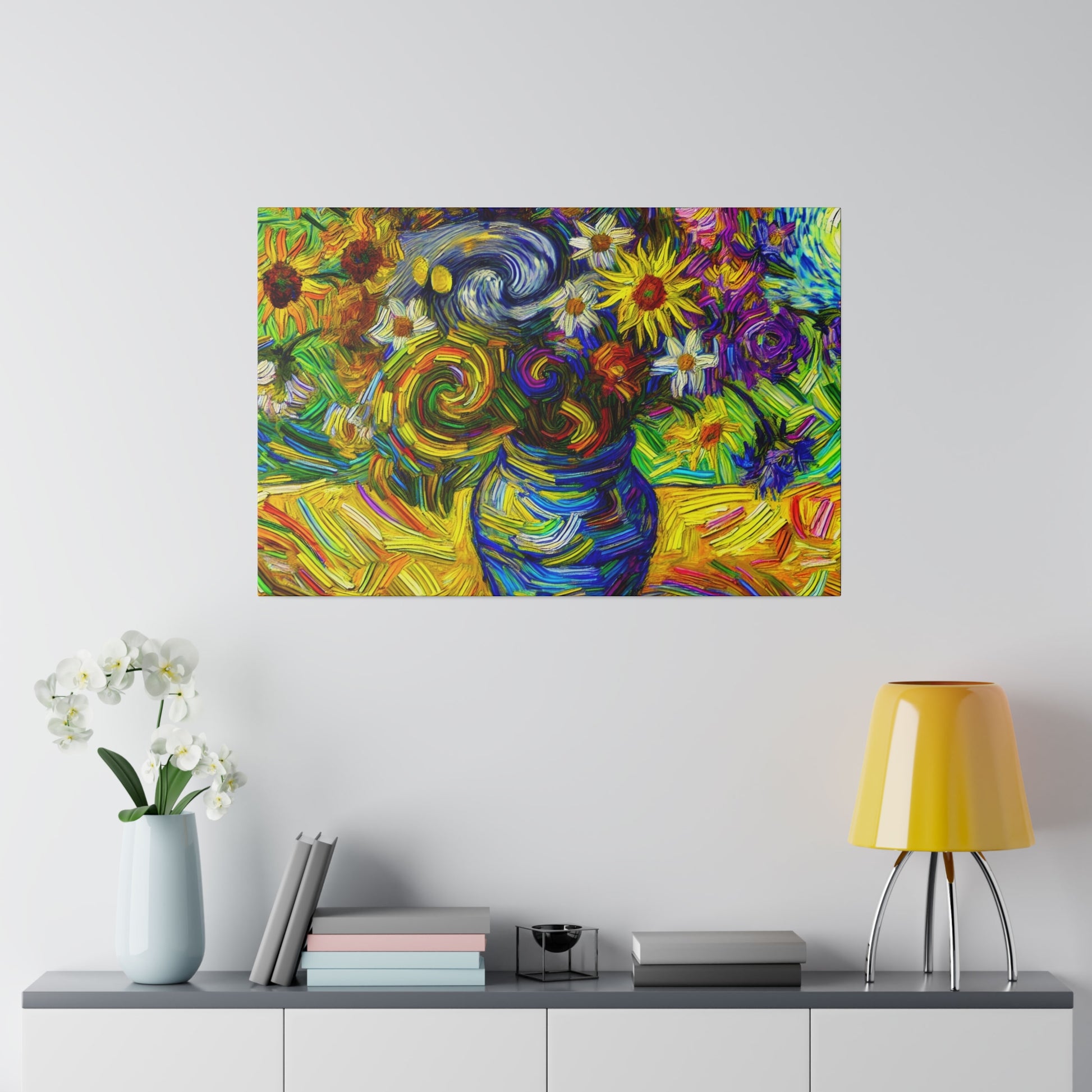 Abstract, colorful painting of a blue vase with swirling flowers and a bright, multi-colored background.