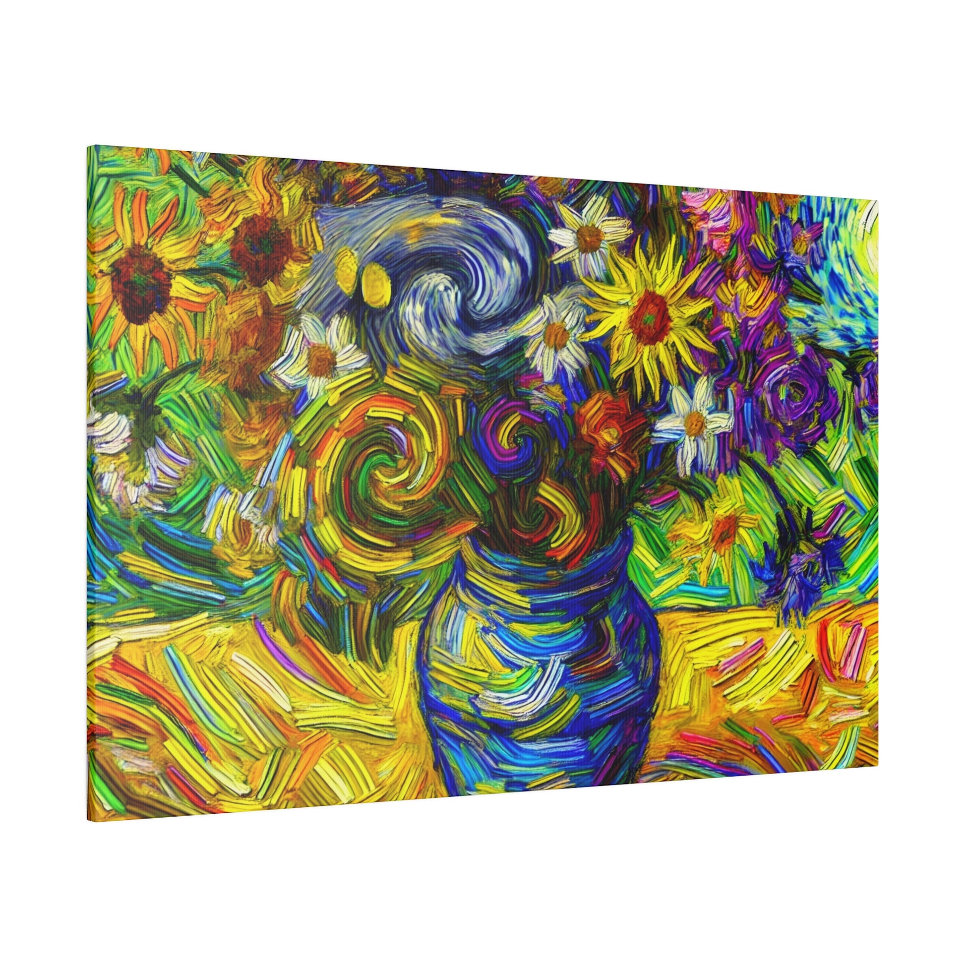 Vibrant, abstract painting of a blue vase with swirling, colorful flowers on a yellow background.