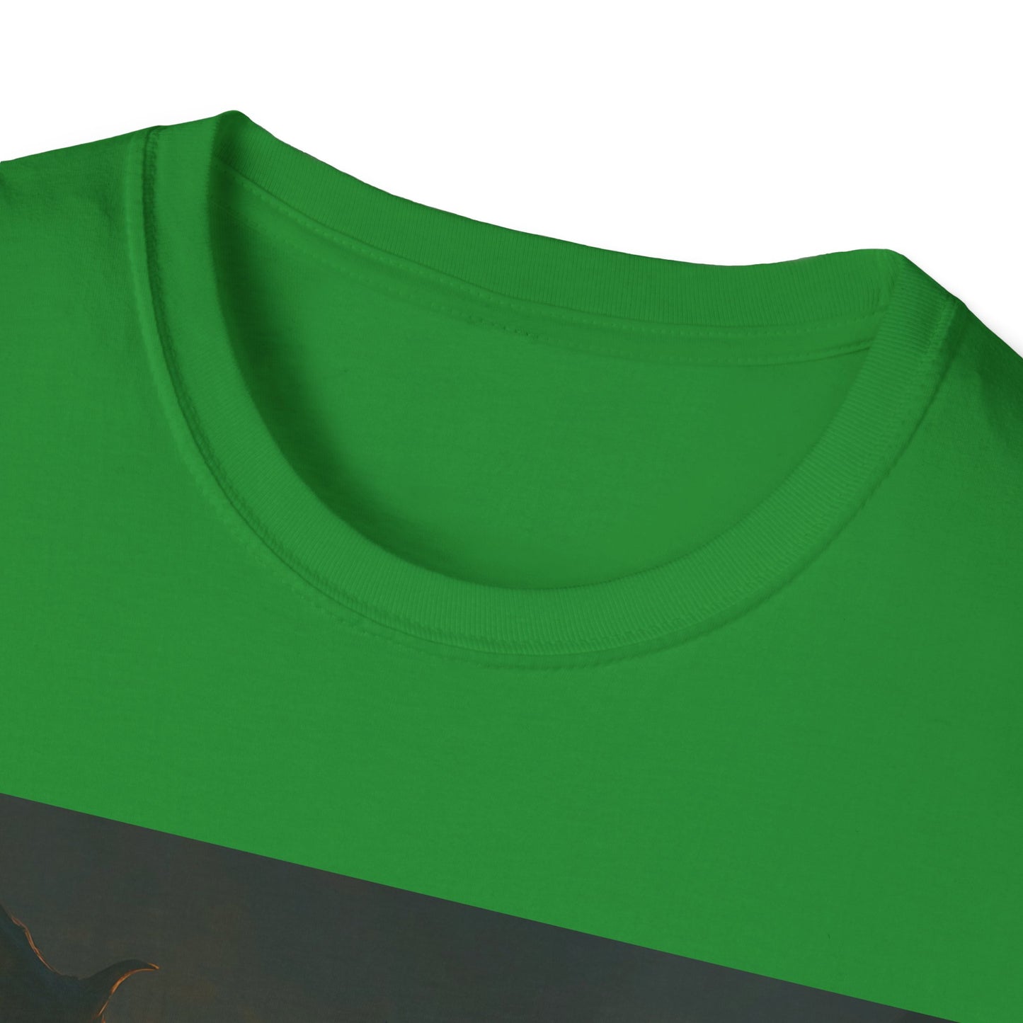 Close-up of a bright green crew-neck T-shirt, showing the ribbed neckline and smooth fabric.