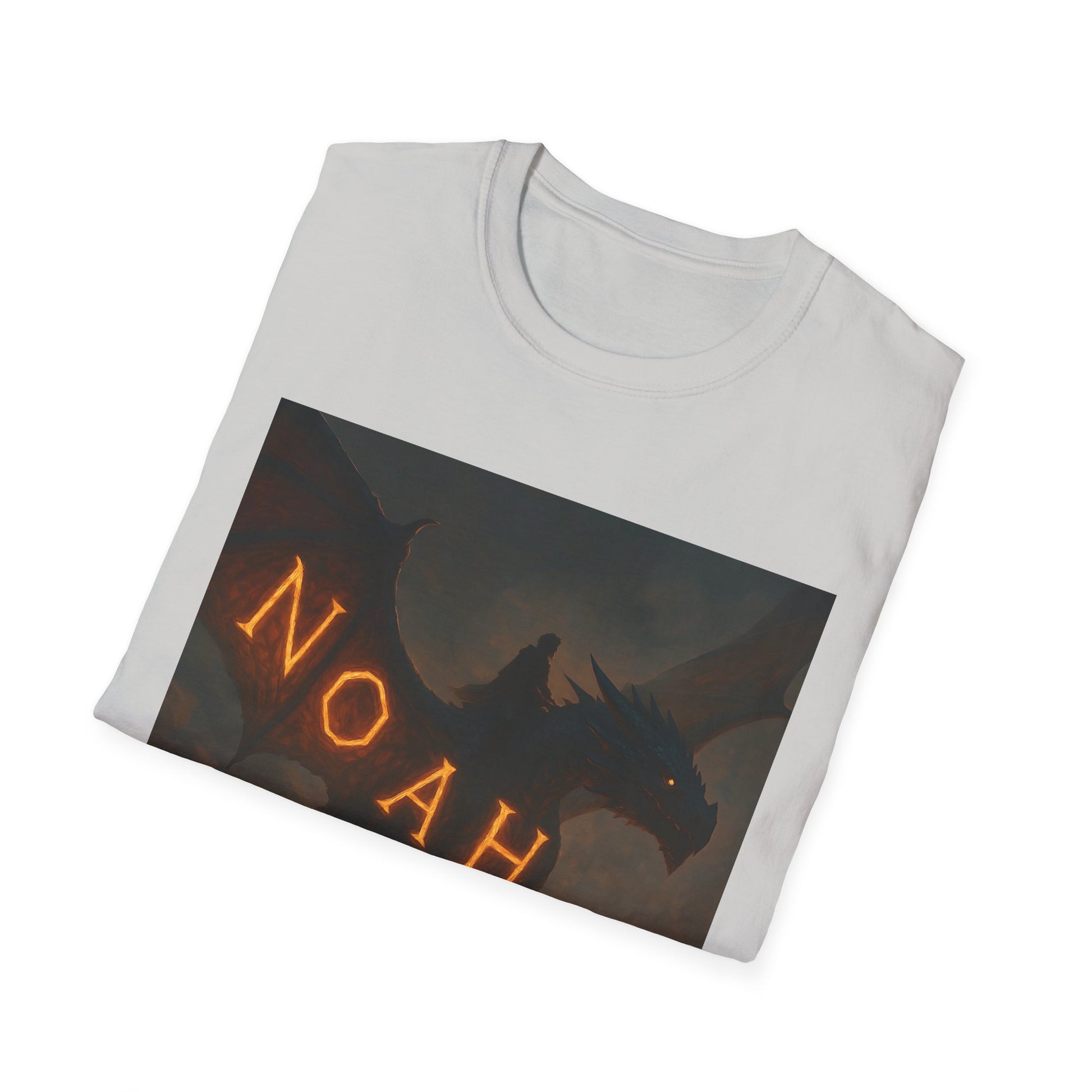 White T-shirt with a rectangular graphic of a dark dragon against a moody sky and glowing orange runes.
