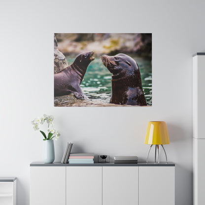 Two dark sea lions with whiskers touch noses near a rocky ledge beside green water.
