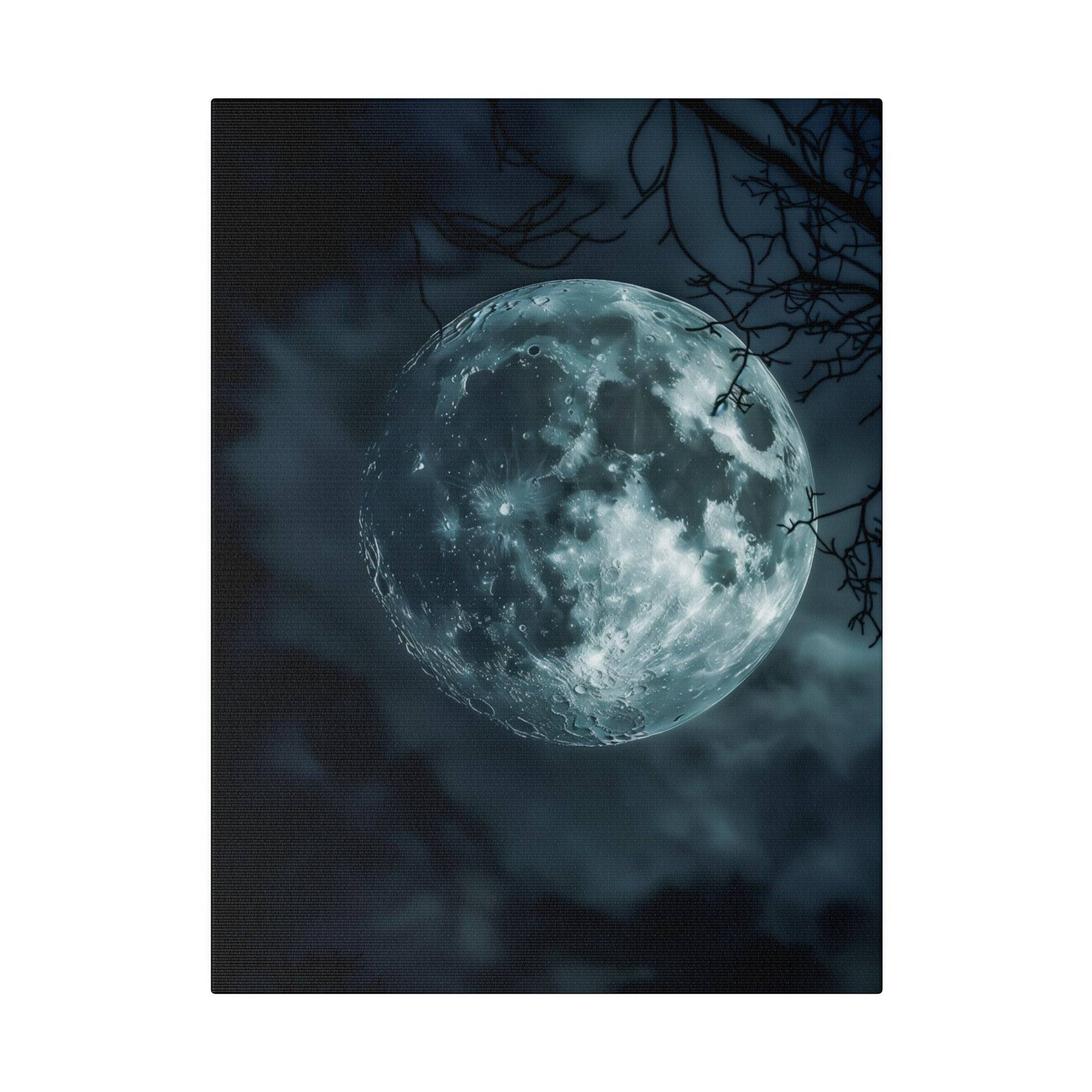 Full blue-tinted full moon in a dark night sky with bare tree branches silhouetted.