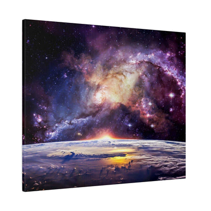 Earth’s curved horizon at sunrise below a colorful galaxy with pink-purple nebulae and bright stars overhead.