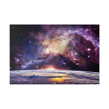 Cosmic canvas showing a colorful spiral galaxy over a planetary horizon at sunrise, with purple, pink, gold nebula.