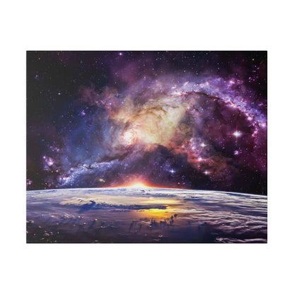 Canvas art depicting a colorful spiral galaxy above Earth's curved horizon at sunrise, with purple-pink nebula and stars.
