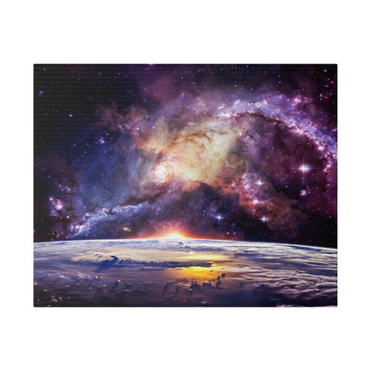 Cosmic galaxy swirl over a planetary horizon with sunrise, vibrant purples, pinks, and yellows on canvas.
