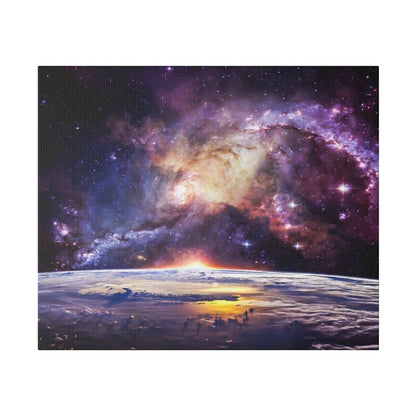 Canvas art showing a colorful spiral galaxy above Earth's curved horizon at sunrise.